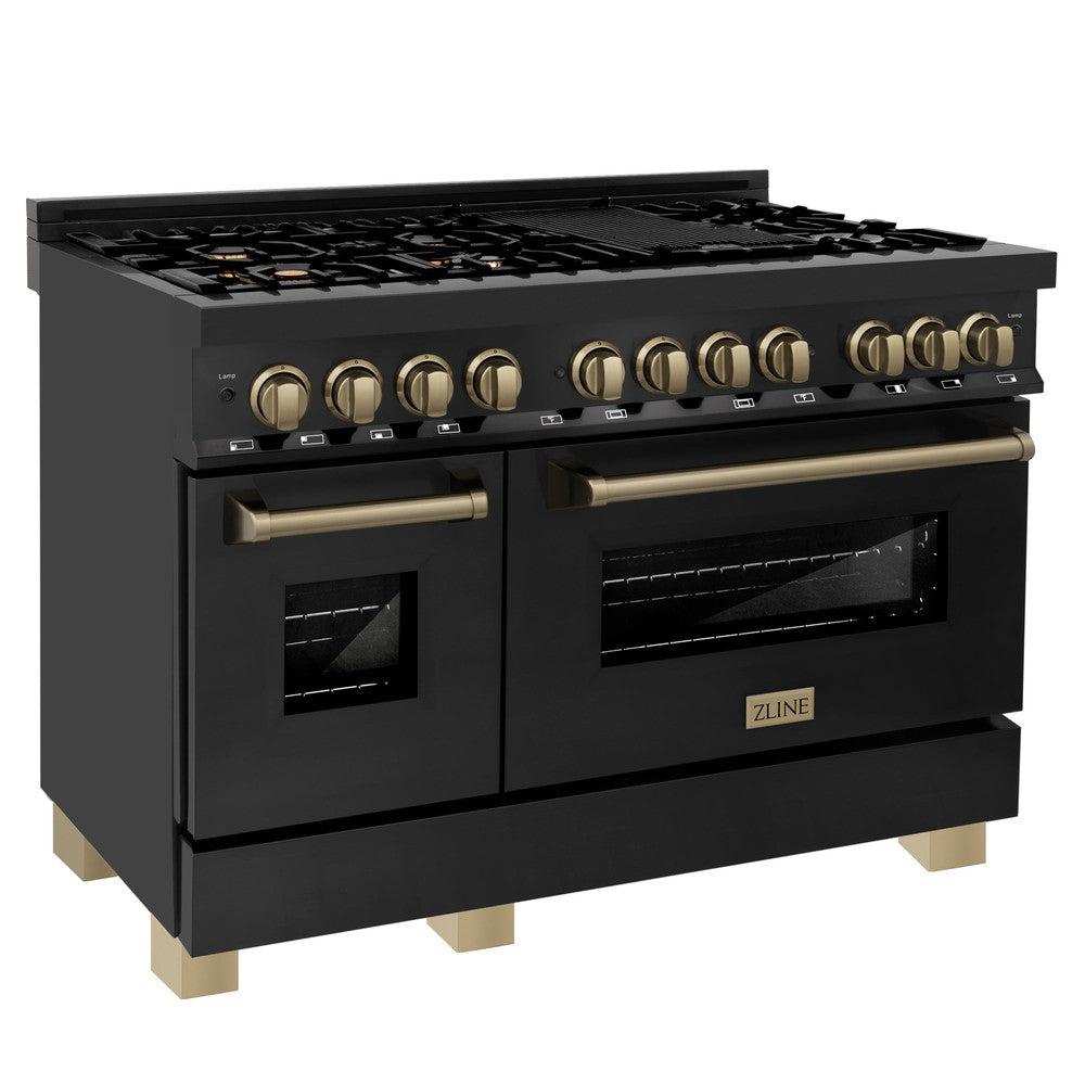 ZLINE 48 in. Autograph Edition Kitchen Package with Black Stainless Steel Dual Fuel Range, Range Hood, Dishwasher and Refrigeration with Champagne Bronze Accents (4AKPR-RABRHDWV48-CB)