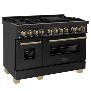 ZLINE Autograph Edition 48 in. Kitchen Package with Black Stainless Steel Dual Fuel Range, Range Hood and Dishwasher with Champagne Bronze Accents (3AKP-RABRHDWV48-CB)