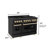 ZLINE 48 in. Autograph Edition Kitchen Package with Black Stainless Steel Dual Fuel Range, Range Hood, Dishwasher and Refrigeration Including External Water Dispenser with Polished Gold Accents (4AKPR-RABRHDWV48-G)