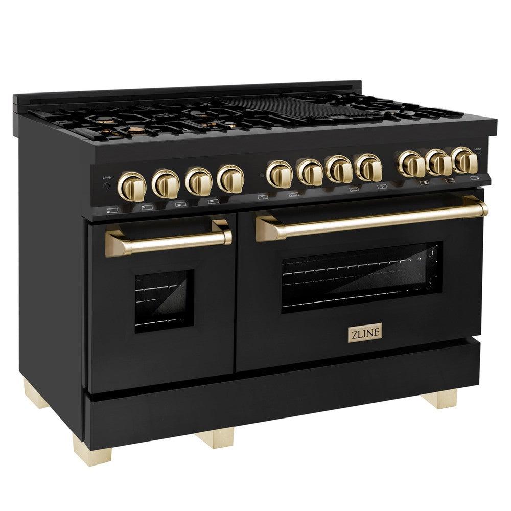 ZLINE Autograph Edition 48 in. Kitchen Package with Black Stainless Steel Dual Fuel Range and Range Hood with Polished Gold Accents (2AKP-RABRH48-G)