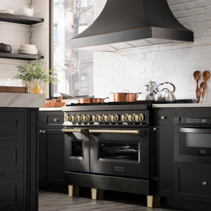ZLINE Autograph Edition 48 in. 6.0 cu. ft. Legacy Dual Fuel Range with 7 Burner Gas Cooktop and 2 Electric Ovens in Black Stainless Steel and Polished Gold Accents (RABZ-48-G)