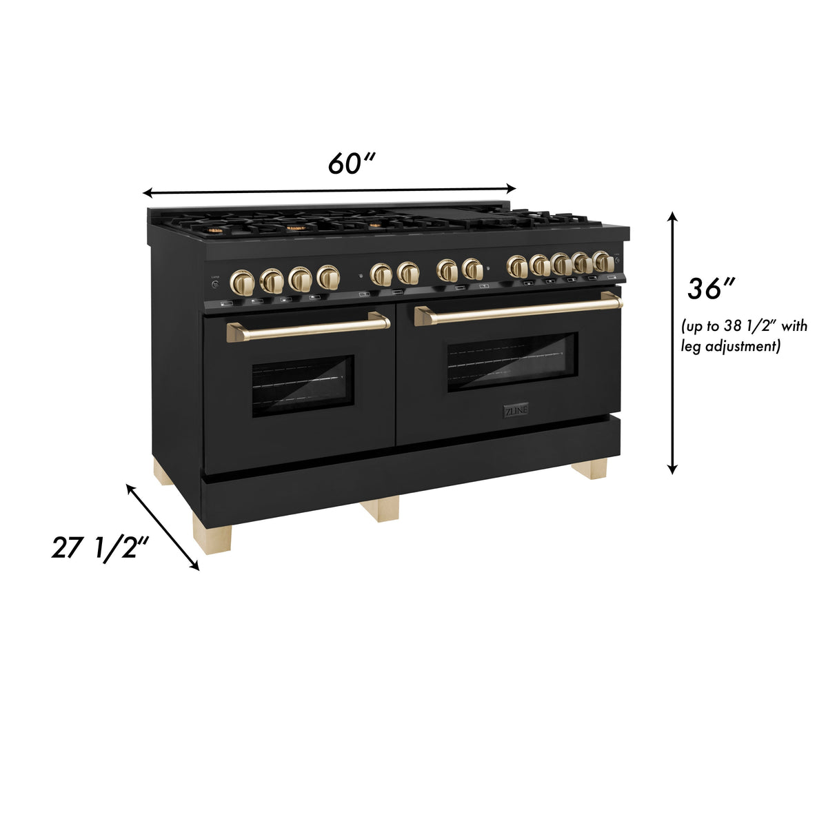 ZLINE Autograph Edition 60 in. 7.4 cu. ft. Dual Fuel Range with Gas Stove and Electric Oven in Black Stainless Steel with Polished Gold Accents (RABZ-60-G)