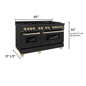 ZLINE Autograph Edition 60 in. 7.4 cu. ft. Legacy Dual Fuel Range with 9 Burner Gas Cooktop and 2 Electric Convection Ovens in Black Stainless Steel and Polished Gold Accents (RABZ-60-G)