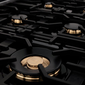 ZLINE Autograph Edition 36 in. Porcelain Rangetop with 6 Gas Burners in Black Stainless Steel and Polished Gold Accents (RTBZ-36-G)