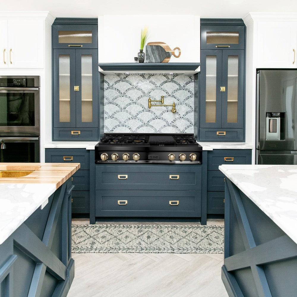 ZLINE Autograph Edition 48 in. Legacy Gas Rangetop with 7 Burners and Porcelain Cooktop in Black Stainless Steel with Polished Gold Accents (RTBZ-48-G)