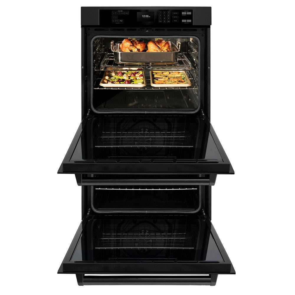 ZLINE Kitchen Package with 30 in. Black Stainless Steel Rangetop, 30 in. Over The Range Microwave with Traditional Handle and Double Wall Oven (3KP-RTBOTRH30-AWD)