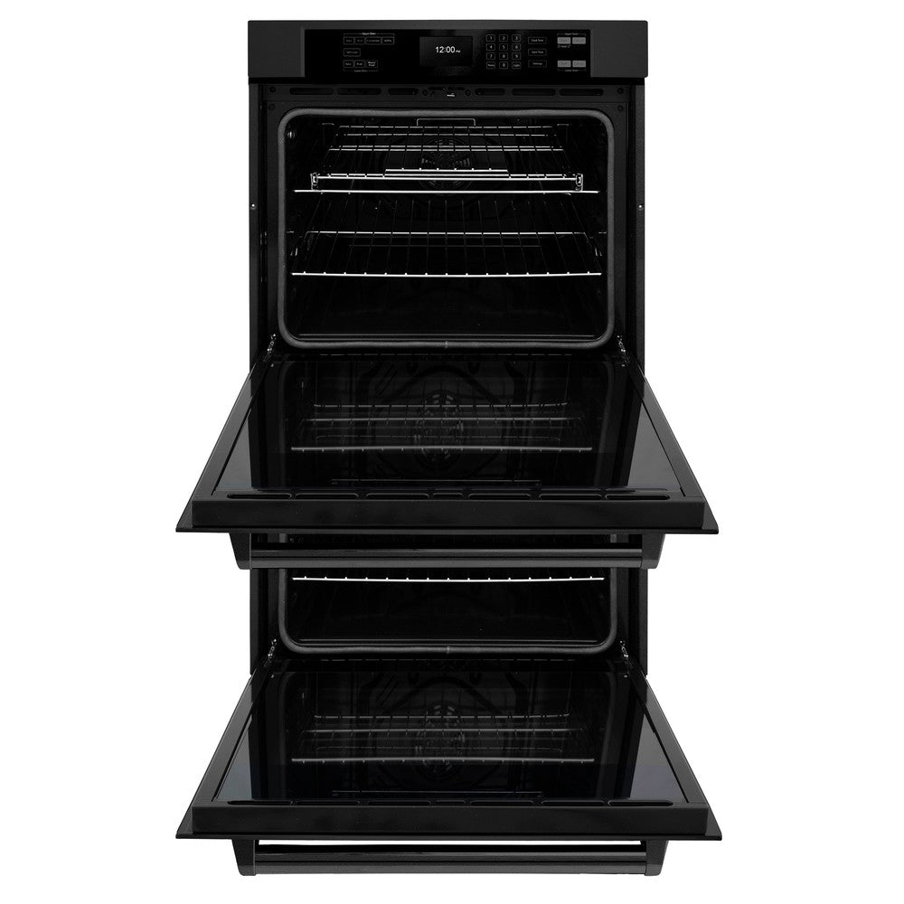 ZLINE Kitchen Package with 30 in. Black Stainless Steel Rangetop, 30 in. Over The Range Microwave with Modern Handle and Double Wall Oven (3KP-RTBOTR30-AWD)
