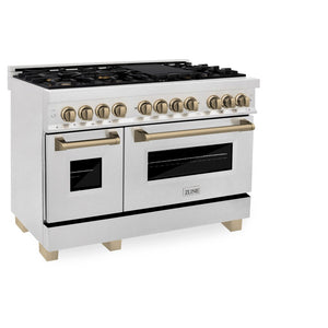 ZLINE Autograph Edition 48 in. 6.0 cu. ft. Legacy Dual Fuel Range with 7 Burner Gas Cooktop and 2 Electric Ovens in DuraSnow® Stainless Steel and Champagne Bronze Accents (RASZ-SN-48-CB)