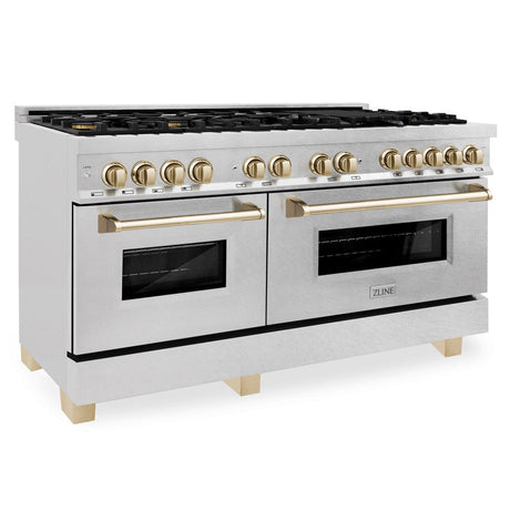 ZLINE Autograph Edition 60 in. 7.4 cu. ft. Dual Fuel Range with Gas Stove and Electric Oven in DuraSnow® Stainless Steel with Polished Gold Accents (RASZ-SN-60-G)-Ranges-RASZ-SN-60-G ZLINE Kitchen and Bath