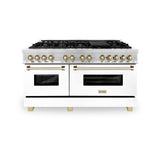 ZLINE Autograph Edition 60 in. 7.4 cu. ft. Dual Fuel Range with Gas Stove and Electric Oven in DuraSnow® Stainless Steel with White Matte Doors and Polished Gold Accents (RASZ-WM-60-G)