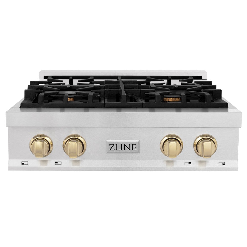 ZLINE Autograph Edition 30 in. Legacy Gas Rangetop with 4 Burners and Porcelain Cooktop in DuraSnow® Stainless Steel with Polished Gold Accents (RTSZ-30-G)