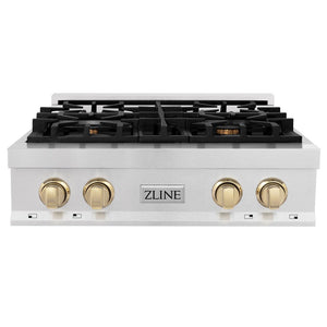 ZLINE Autograph Edition 30 in. Legacy Gas Rangetop with 4 Burners and Porcelain Cooktop in DuraSnow® Stainless Steel with Polished Gold Accents (RTSZ-30-G)