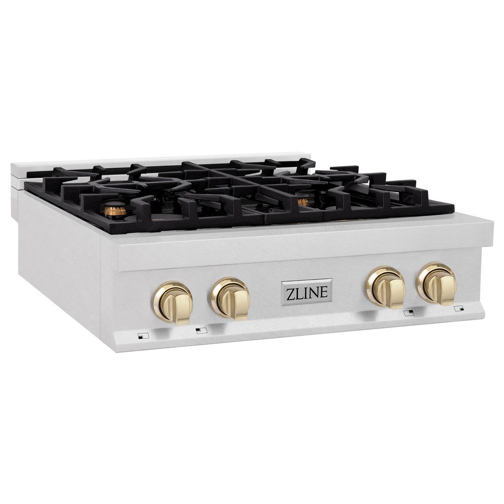 ZLINE Autograph Edition 30 in. Porcelain Rangetop with 4 Gas Burners in Satin Stainless Steel with Polished Gold Accents (RTSZ-30-G) side.
