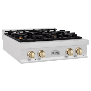 ZLINE Autograph Edition 30 in. Porcelain Rangetop with 4 Gas Burners in Satin Stainless Steel with Polished Gold Accents (RTSZ-30-G) side.