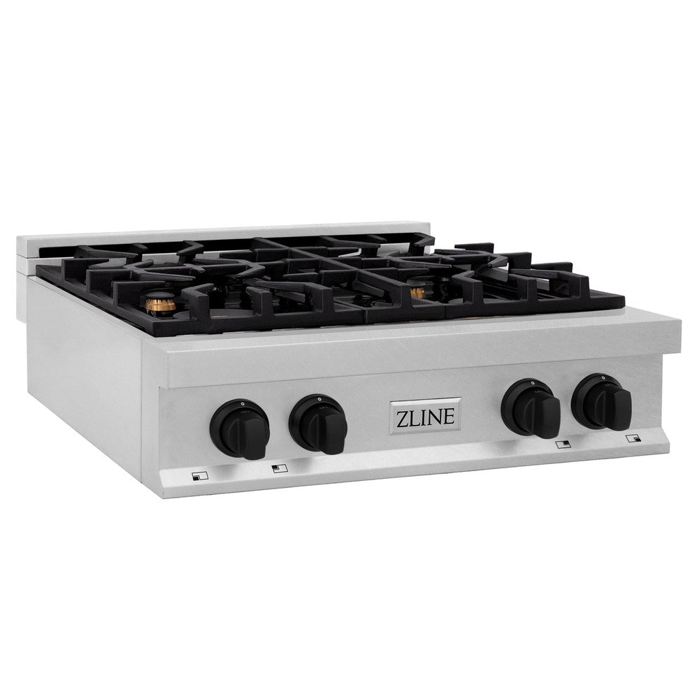 ZLINE Autograph Edition 30 in. Legacy Gas Rangetop with 4 Burners and Porcelain Cooktop in DuraSnow® Stainless Steel with Matte Black Accents (RTSZ-30-MB)