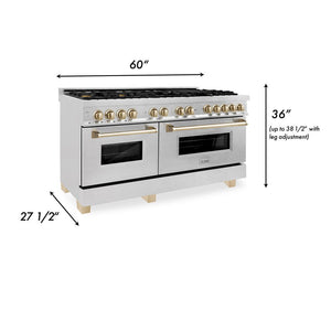 ZLINE Autograph Edition 60 in. 7.4 cu. ft. Legacy Dual Fuel Range with 9 Burner Gas Cooktop and 2 Electric Convection Ovens in DuraSnow® Stainless Steel and Polished Gold Accents (RASZ-SN-60-G)