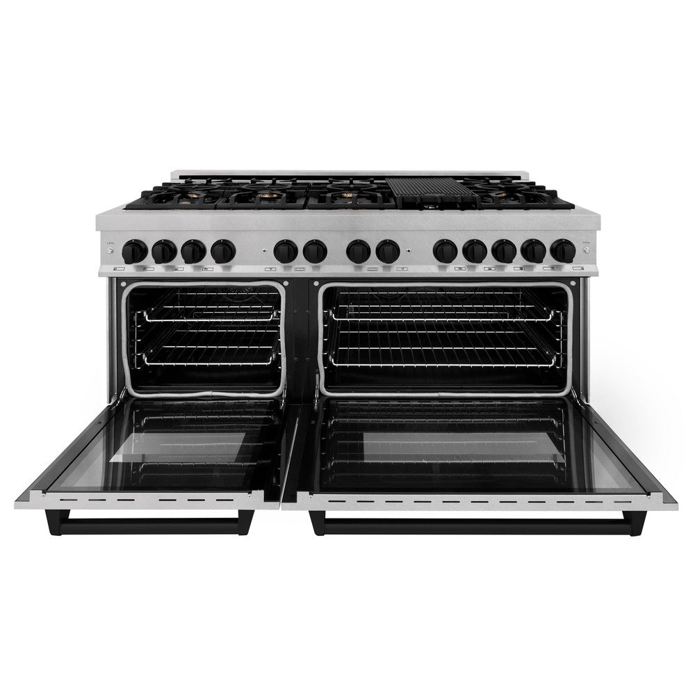 ZLINE Autograph Edition 60 in. 7.4 cu. ft. Legacy Dual Fuel Range with 9 Burner Gas Cooktop and 2 Electric Convection Ovens in DuraSnow® Stainless Steel and Matte Black Accents (RASZ-SN-60-MB)