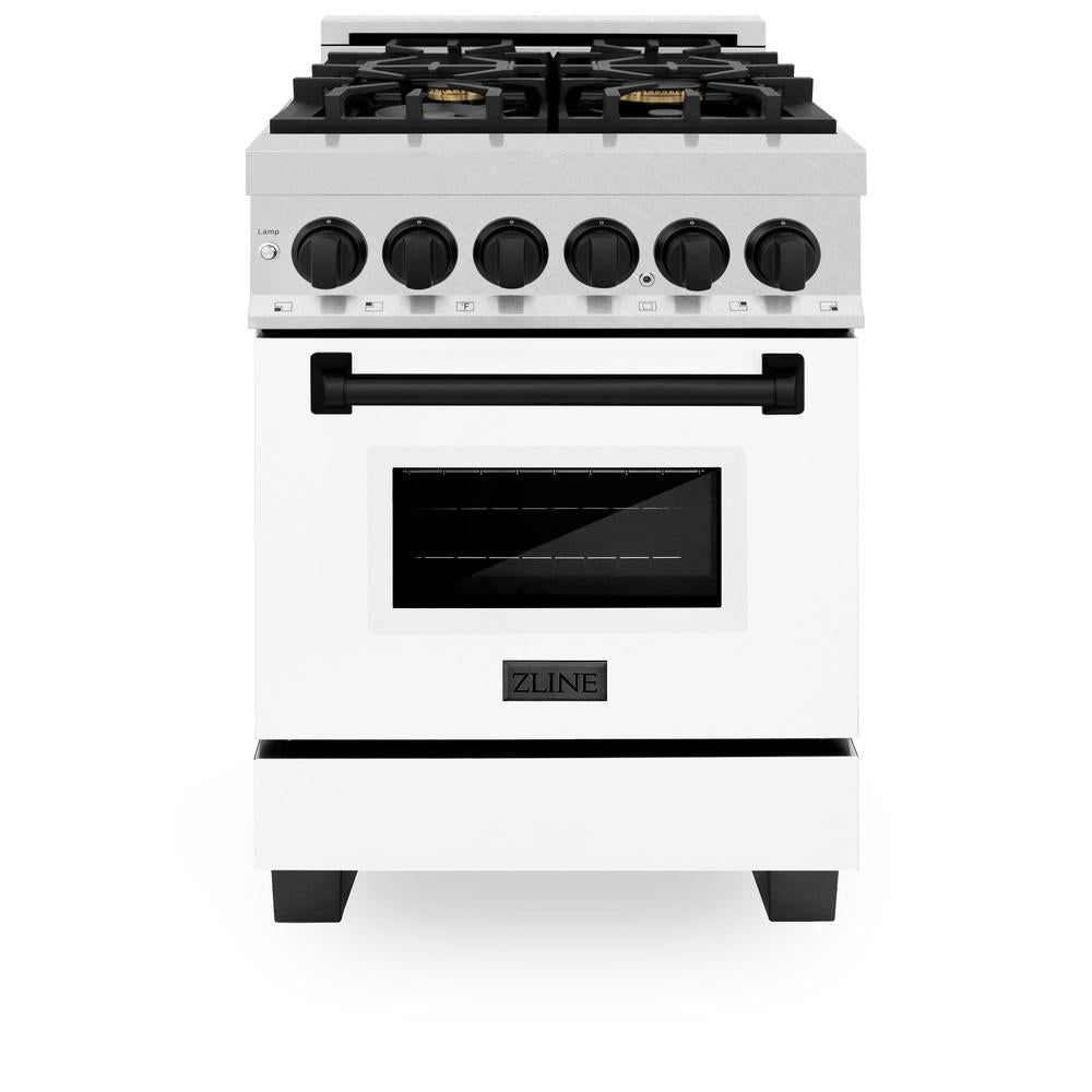 ZLINE Autograph Edition 24 in. 2.8 cu. ft. Legacy Dual Fuel Range with 4 Burner Gas Cooktop and Electric Convection Oven in DuraSnow® Stainless Steel with White Matte Door and Matte Black Accents (RASZ-WM-24-MB)