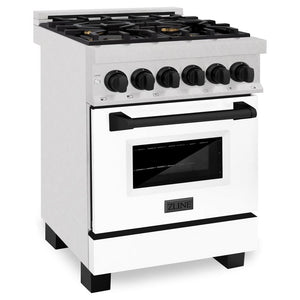 ZLINE Autograph Edition 24 in. 2.8 cu. ft. Legacy Dual Fuel Range with 4 Burner Gas Cooktop and Electric Convection Oven in DuraSnow® Stainless Steel with White Matte Door and Matte Black Accents (RASZ-WM-24-MB)