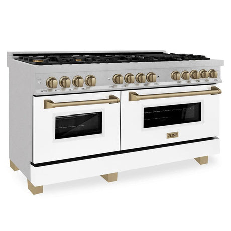 ZLINE Autograph Edition 60 in. 7.4 cu. ft. Dual Fuel Range with Gas Stove and Electric Oven in DuraSnow® Stainless Steel with White Matte Doors and Champagne Bronze Accents (RASZ-WM-60-CB)-Ranges-RASZ-WM-60-CB ZLINE Kitchen and Bath