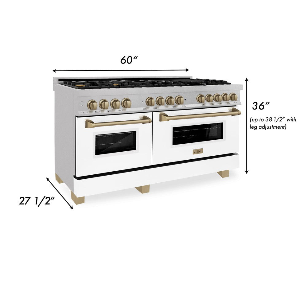 ZLINE Autograph Edition 60 in. 7.4 cu. ft. Dual Fuel Range with Gas Stove and Electric Oven in DuraSnow® Stainless Steel with White Matte Doors and Champagne Bronze Accents (RASZ-WM-60-CB)