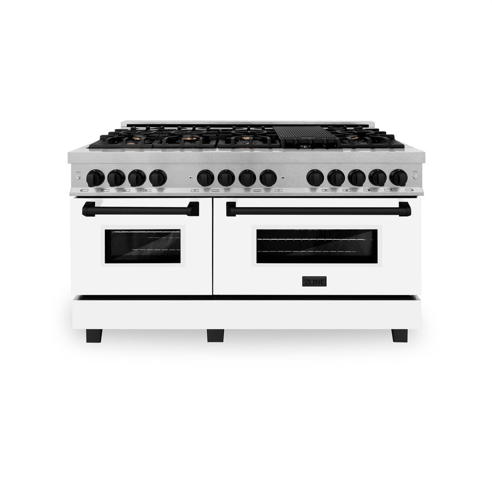ZLINE Autograph Edition 60 in. 7.4 cu. ft. Dual Fuel Range with Gas Stove and Electric Oven in DuraSnow® Stainless Steel with White Matte Doors and Matte Black Accents (RASZ-WM-60-MB)