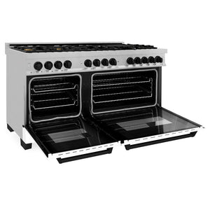 ZLINE Autograph Edition 60 in. 7.4 cu. ft. Legacy Dual Fuel Range with 9 Burner Gas Cooktop and 2 Electric Convection Ovens in Stainless Steel with White Matte Doors and Matte Black Accents (RAZ-WM-60-MB)