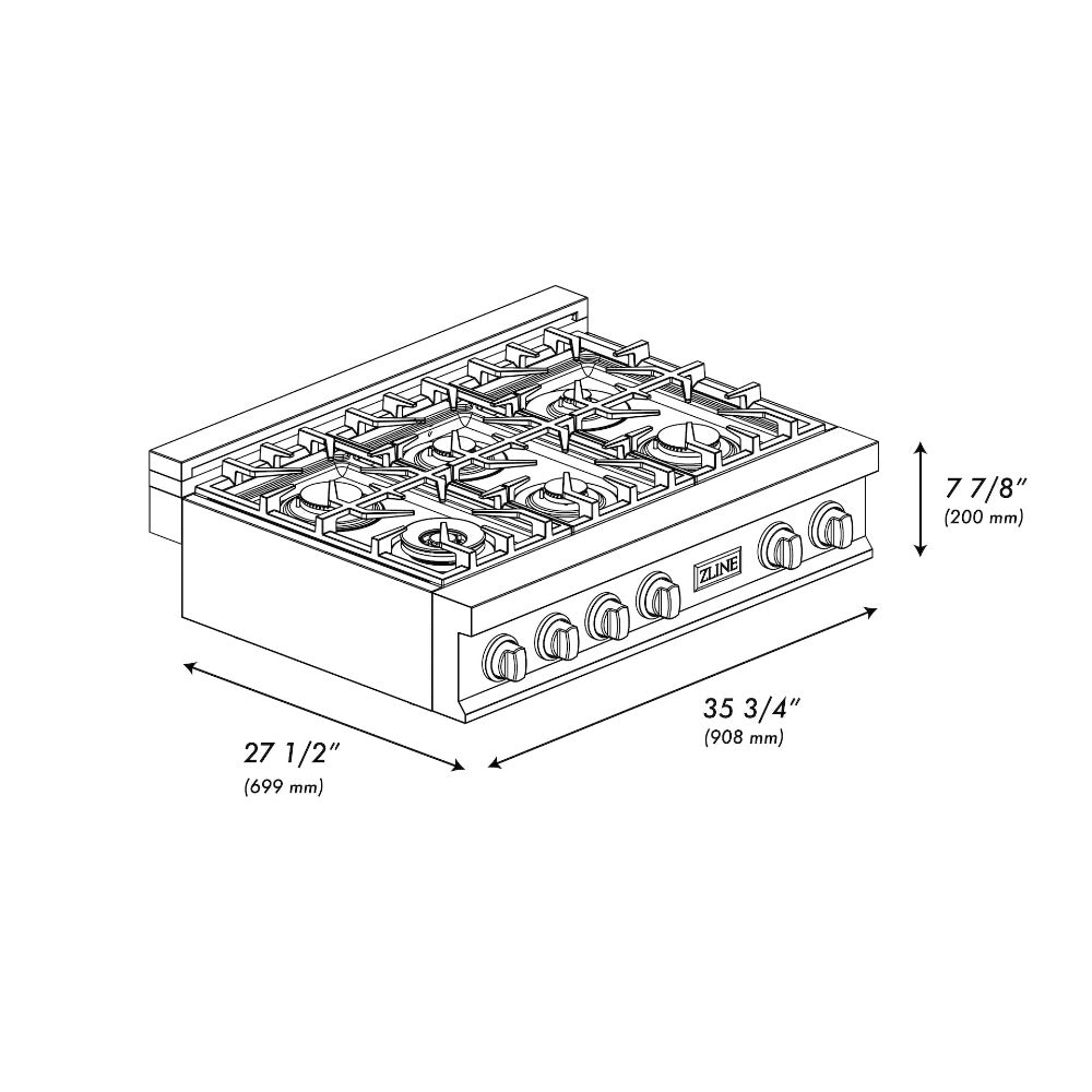 ZLINE 36 in. Legacy Gas Rangetop with 6 Burners and Porcelain Cooktop in DuraSnow® Stainless Steel (RTS-36)