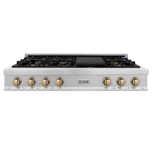 ZLINE Autograph Edition 48 in. Porcelain Rangetop with 7 Gas Burners in DuraSnow® Stainless Steel and Champagne Bronze Accents (RTSZ-48-CB)