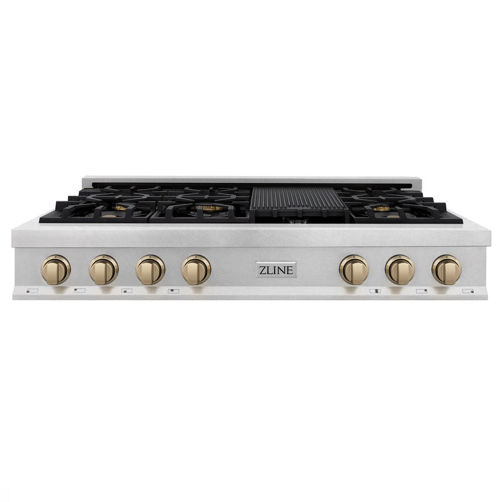 ZLINE Autograph Edition 48 in. Legacy Gas Rangetop with 7 Burners and Porcelain Cooktop in DuraSnow® Stainless Steel with Champagne Bronze Accents (RTSZ-48-CB)
