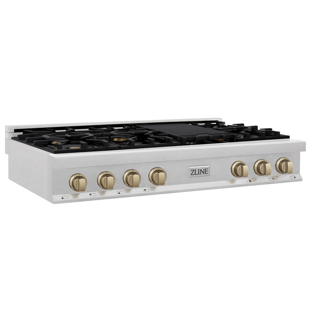 ZLINE Autograph Edition 48 in. Legacy Gas Rangetop with 7 Burners and Porcelain Cooktop in DuraSnow® Stainless Steel with Champagne Bronze Accents (RTSZ-48-CB)