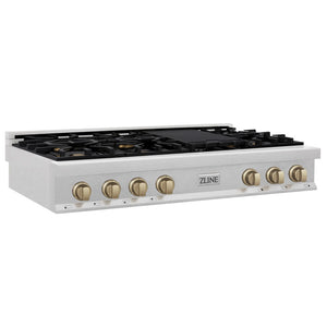 ZLINE Autograph Edition 48 in. Legacy Gas Rangetop with 7 Burners and Porcelain Cooktop in DuraSnow® Stainless Steel with Champagne Bronze Accents (RTSZ-48-CB)