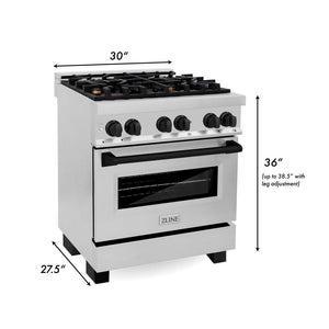 ZLINE Autograph Edition 30 in. 4.0 cu. ft. Legacy Dual Fuel Range with 4 Burner Gas Cooktop and Electric Convection Oven in Stainless Steel and Matte Black Accents (RAZ-30-MB)