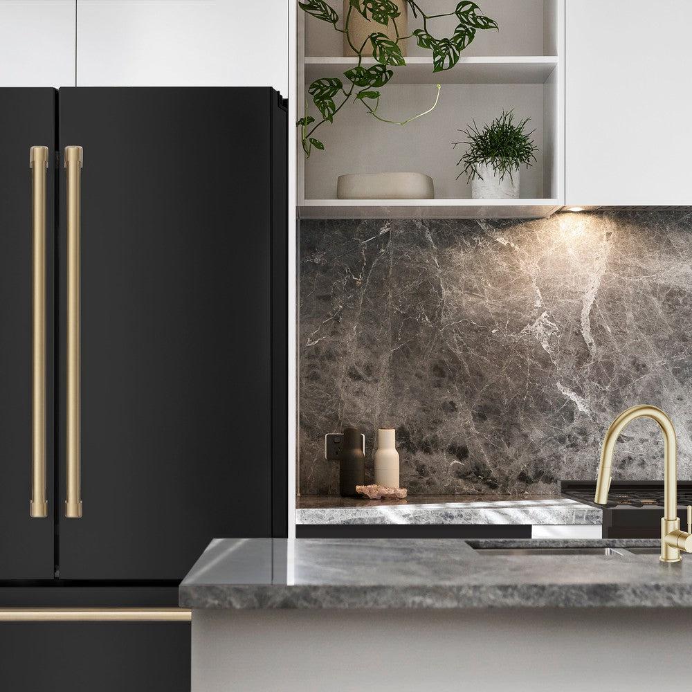 ZLINE Autograph Edition 36 in. 22.5 cu. ft. Counter-Depth French Door Refrigerator with Ice Maker in Fingerprint-Resistant Black Stainless Steel and Champagne Bronze Traditional Handles (RFMZ-36-BS-CB)