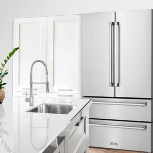 ZLINE Kitchen Package with Refrigerator, 36 in. Stainless Steel Dual Fuel Range, 36 in. Convertible Vent Range Hood, 24 in. Microwave Drawer, and 24 in. Tall Tub Dishwasher (5KPR-RARH36-MWDWV)
