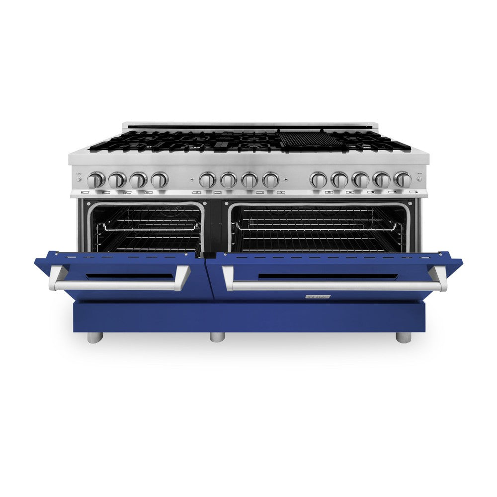 ZLINE 60 in. 7.4 cu. ft. Dual Fuel Range with Gas Stove and Electric Oven in Stainless Steel with Blue Matte Doors (RA-BM-60)