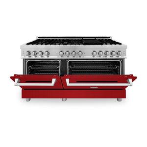 ZLINE 60 in. 7.4 cu. ft. Legacy Dual Fuel Range with 9 Burner Gas Cooktop and 2 Electric Convection Ovens in Stainless Steel and Red Gloss Doors (RA-RG-60)