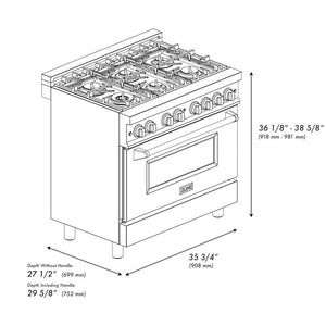 ZLINE Autograph Edition 36 in. 4.6 cu. ft. Legacy Dual Fuel Range with 6 Burner Gas Cooktop and Electric Convection Oven in Stainless Steel with Black Matte Door and Champagne Bronze Accents (RAZ-BLM-36-CB)