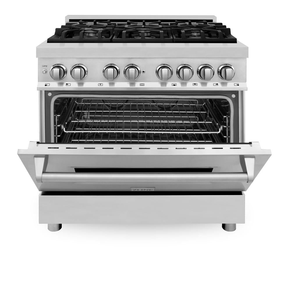 ZLINE Kitchen Package with Refrigeration, 36" Stainless Steel Dual Fuel Range, 36" Range Hood, Microwave Drawer, 24" Tall Tub Dishwasher and Wine Cooler (6KPR-RARH36-MWDWV-RWV)