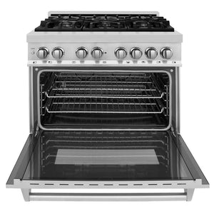 ZLINE Kitchen Package with Refrigeration, 36" Stainless Steel Dual Fuel Range, 36" Range Hood, Microwave Drawer, 24" Tall Tub Dishwasher and Wine Cooler (6KPR-RARH36-MWDWV-RWV)