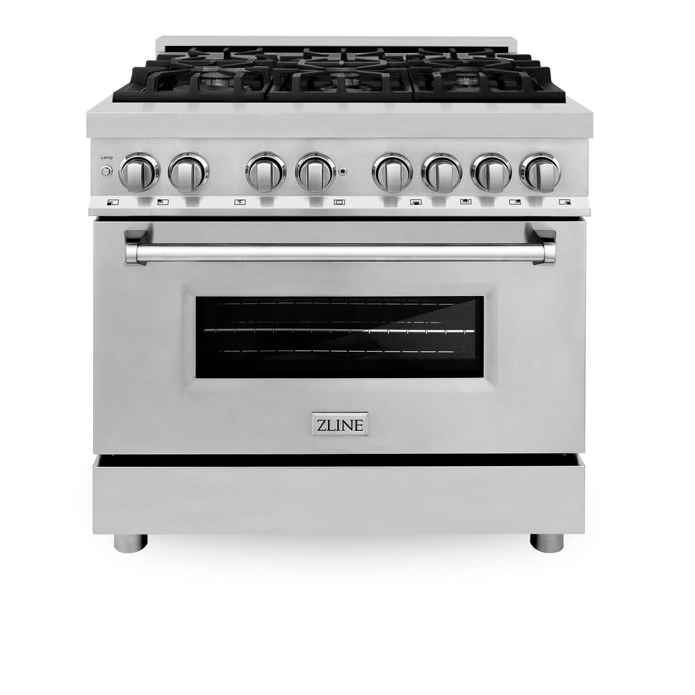 ZLINE Kitchen Package with Refrigeration, 36" Stainless Steel Dual Fuel Range, 36" Range Hood, Microwave Drawer, 24" Tall Tub Dishwasher and Beverage Fridge (6KPR-RARH36-MWDWV-RBV)