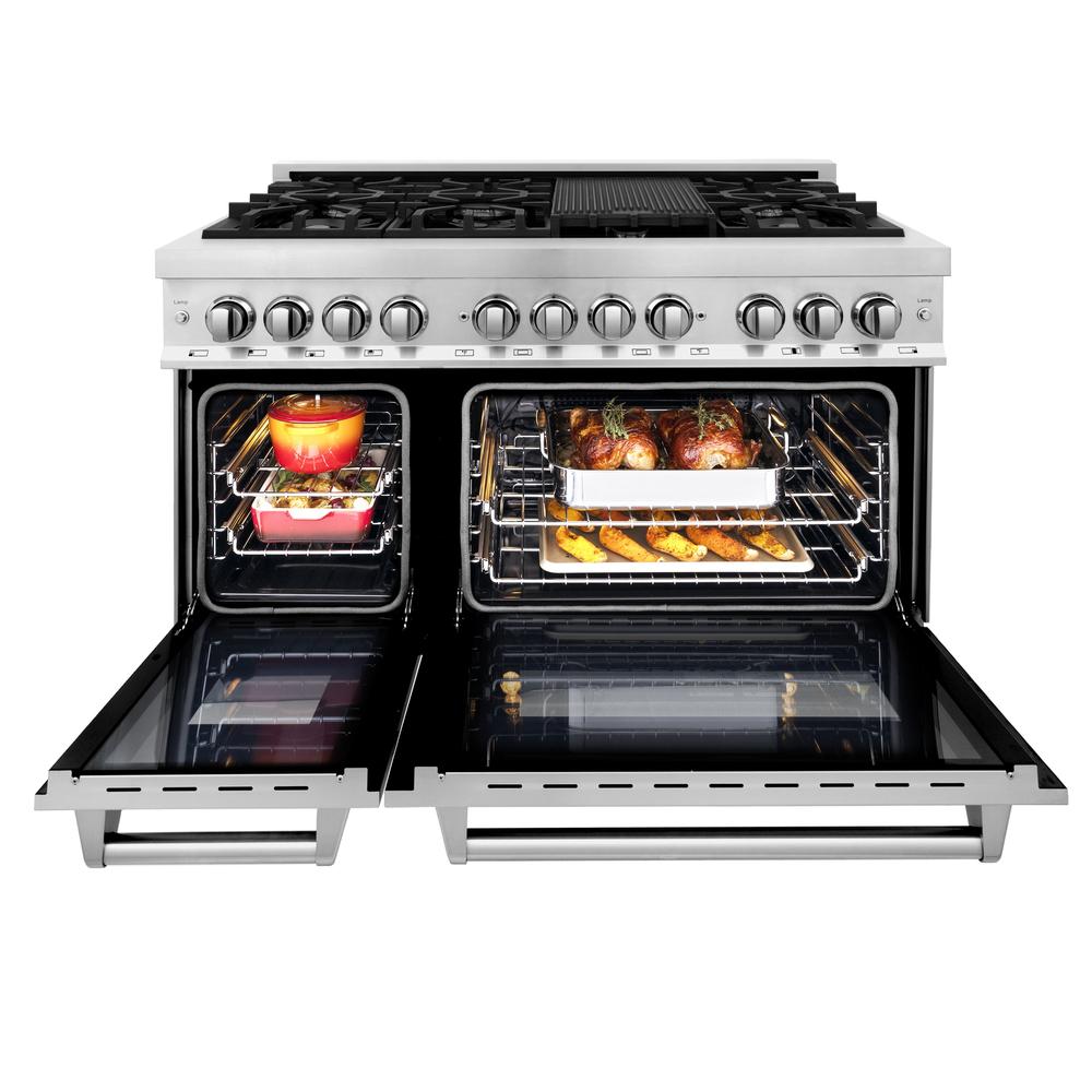 ZLINE Kitchen Package with Refrigeration, 48" Stainless Steel Dual Fuel Range, 48" Range Hood, Microwave Drawer, 24" Tall Tub Dishwasher and Beverage Fridge (6KPR-RARH48-MWDWV-RBV)
