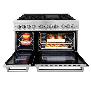 ZLINE Kitchen Package with Refrigeration, 48" Stainless Steel Dual Fuel Range, 48" Range Hood, Microwave Drawer, 24" Tall Tub Dishwasher and Beverage Fridge (6KPR-RARH48-MWDWV-RBV)