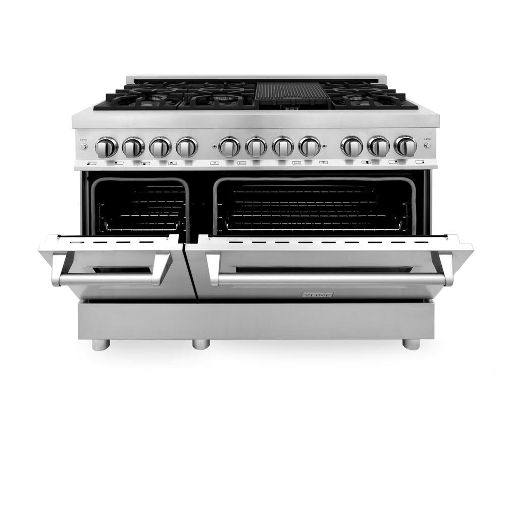 ZLINE Kitchen Package with Refrigeration, 48" Stainless Steel Dual Fuel Range, 48" Range Hood, Microwave Drawer, 24" Tall Tub Dishwasher and Beverage Fridge (6KPR-RARH48-MWDWV-RBV)