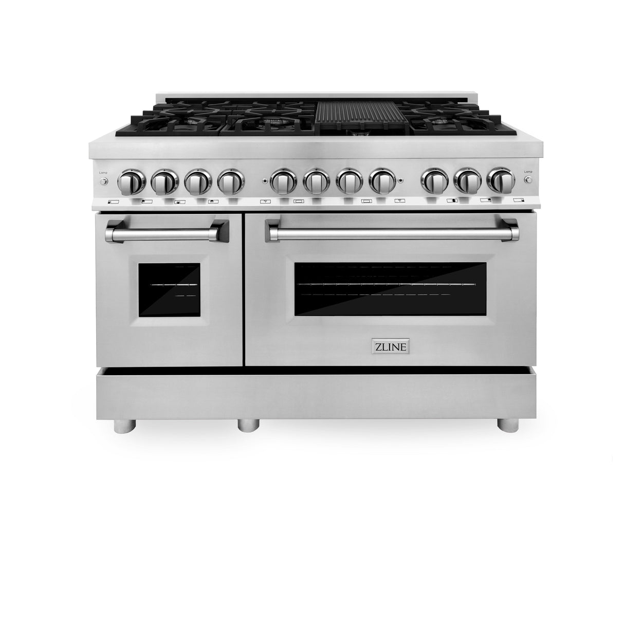 ZLINE Kitchen Package with Refrigeration, 48" Stainless Steel Dual Fuel Range, 48" Range Hood, Microwave Drawer, 24" Tall Tub Dishwasher and Beverage Fridge (6KPR-RARH48-MWDWV-RBV)