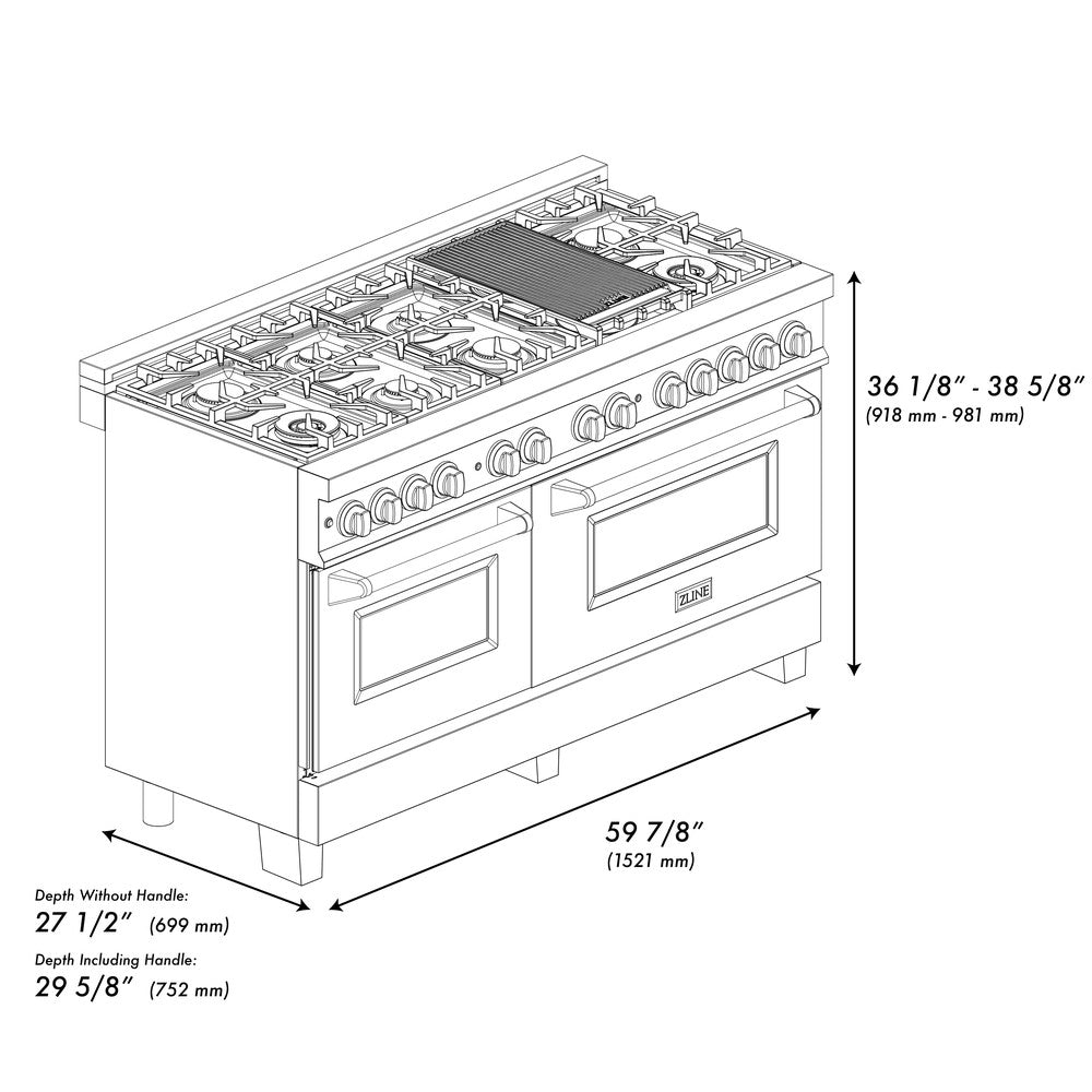 ZLINE 60 in. 7.4 cu. ft. Legacy Dual Fuel Range with 9 Burner Gas Cooktop and 2 Electric Convection Ovens in Stainless Steel (RA60)
