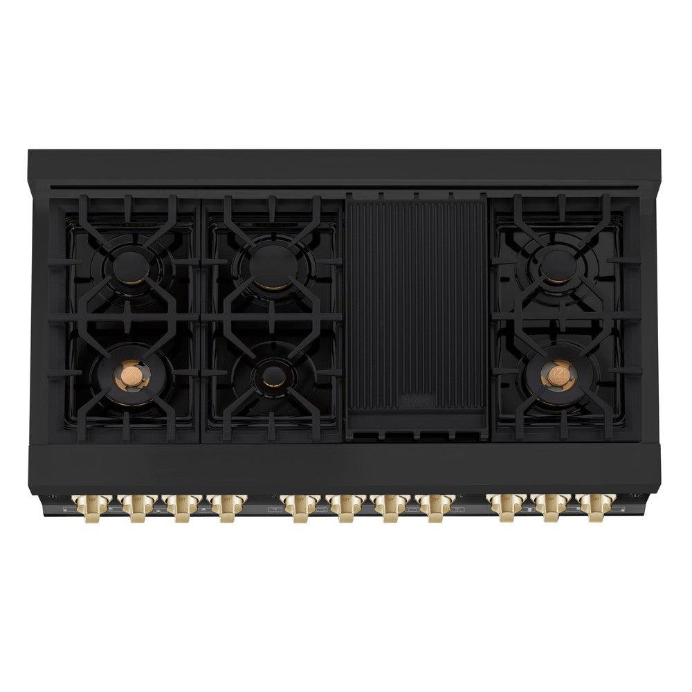 ZLINE Autograph Edition 48 in. Kitchen Package with Black Stainless Steel Dual Fuel Range, Range Hood and Dishwasher with Polished Gold Accents (3AKP-RABRHDWV48-G)