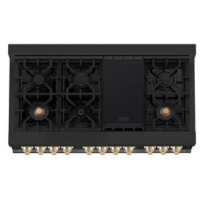 ZLINE Autograph Edition 48 in. Kitchen Package with Black Stainless Steel Dual Fuel Range, Range Hood and Dishwasher with Polished Gold Accents (3AKP-RABRHDWV48-G)