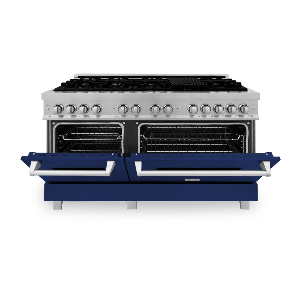 ZLINE 60 in. 7.4 cu. ft. Dual Fuel Range with Gas Stove and Electric Oven in Fingerprint Resistant Stainless Steel and Blue Gloss Doors (RAS-BG-60)