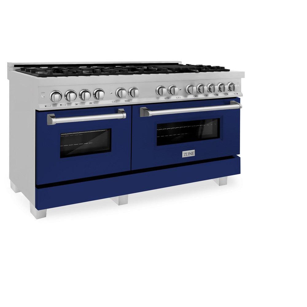 ZLINE 60 in. 7.4 cu. ft. Dual Fuel Range with Gas Stove and Electric Oven in Fingerprint Resistant Stainless Steel and Blue Gloss Doors (RAS-BG-60)